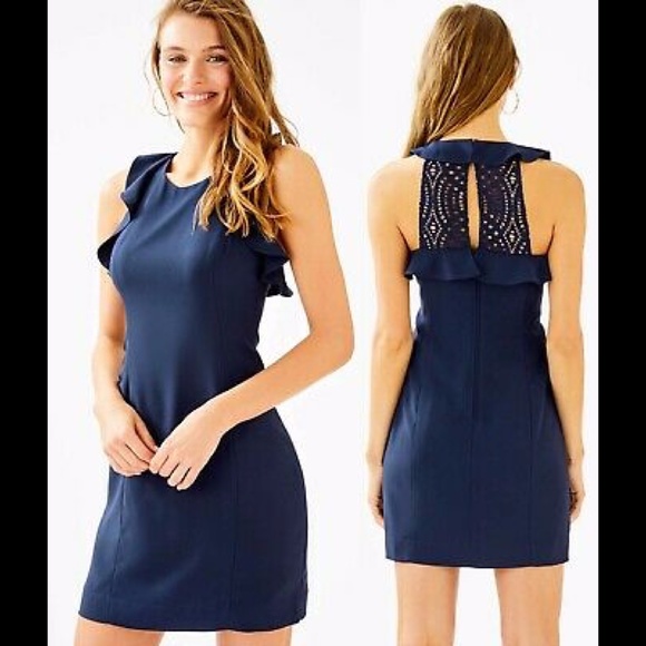 Lilly Pulitzer Britnee Dress NEW Navy Blue Ruffle Lace Back Cocktail Short - Picture 1 of 10